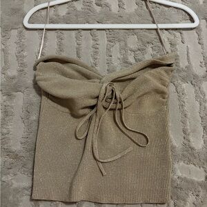 Tan Ribbed Tie Front Crop Top